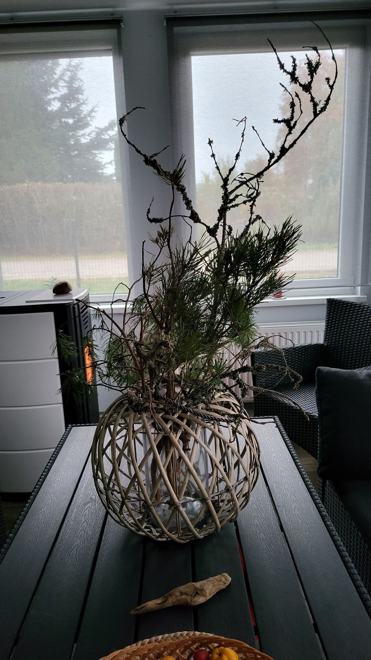 A vase filled with branches is sitting on a wooden table in a living room.
