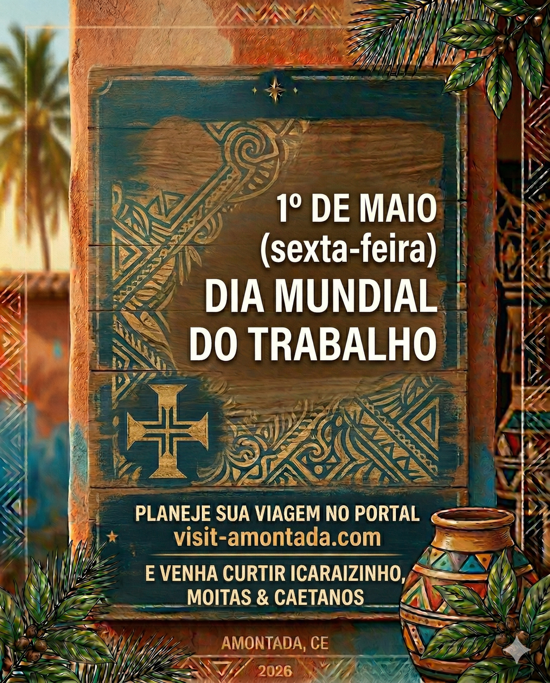 Uma placa de madeira anunciando o Dia do Trabalho em 1º de maio, promovendo viagens para Amontada, Ceará, Brasil, e seus destinos litorâneos.