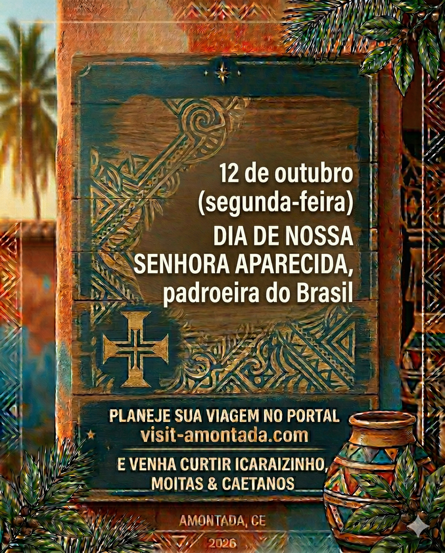 Uma placa de madeira com texto sobre o feriado de 12 de outubro, promovendo o turismo na região de Amontada, Ceará, Brasil.