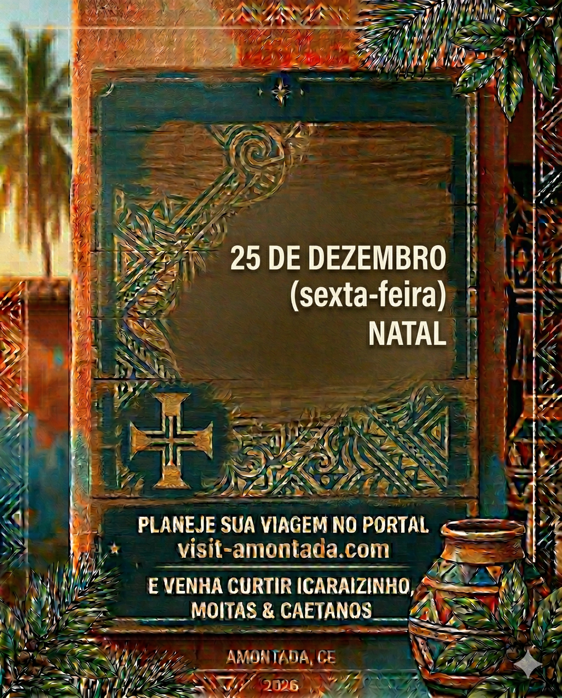 Cartaz promocional para viagens de Natal em Amontada, CE, com moldura decorativa de madeira, uma cruz e nomes de locais.