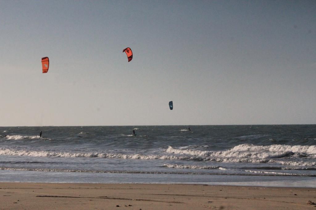 Um grupo de pessoas com kitesurf  sobre o oceano