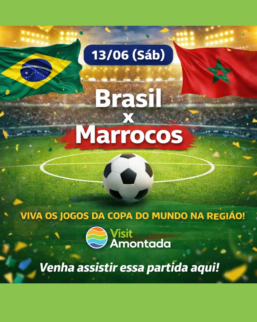 Uma imagem promocional para uma partida de futebol entre Brasil e Marrocos em 13/06, apresentando as bandeiras das seleções e um estádio ao fundo.