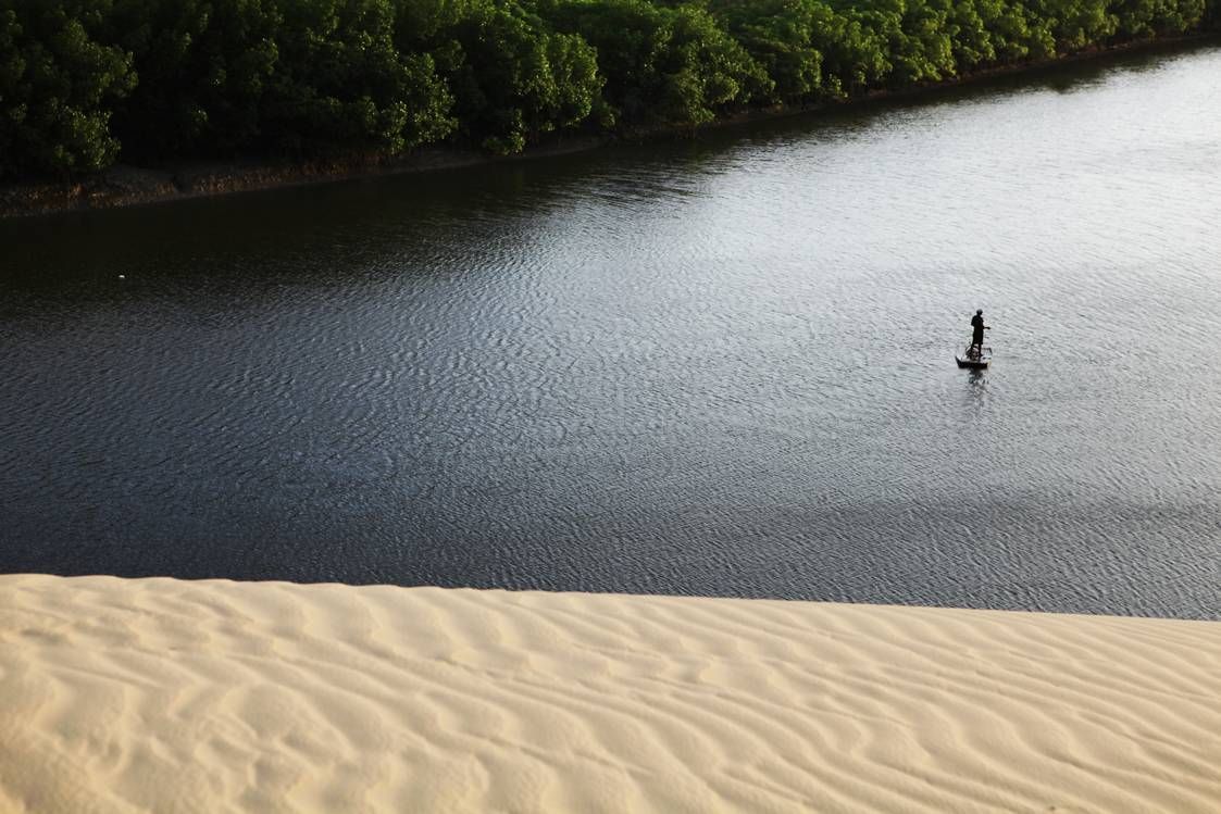 Uma pessoa está remando um barco em um rio.