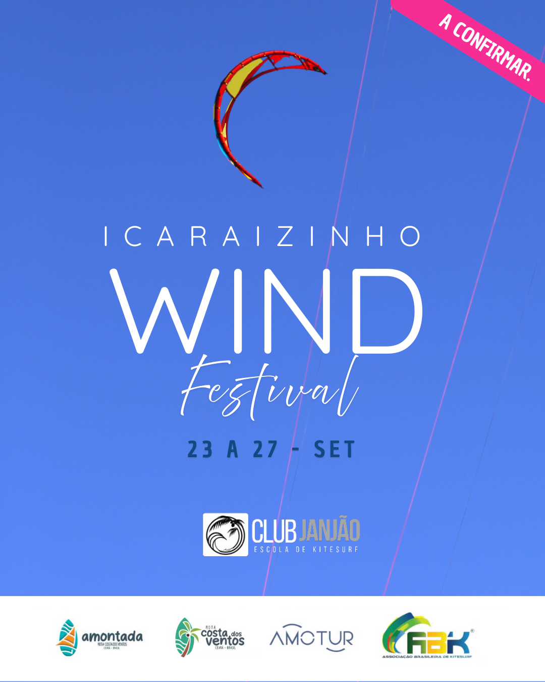 Cartaz do evento Icaraizinho Wind Festival, que acontece de 23 a 27 de setembro, com um ícone de kitesurf em fundo azul e logotipos dos patrocinadores.