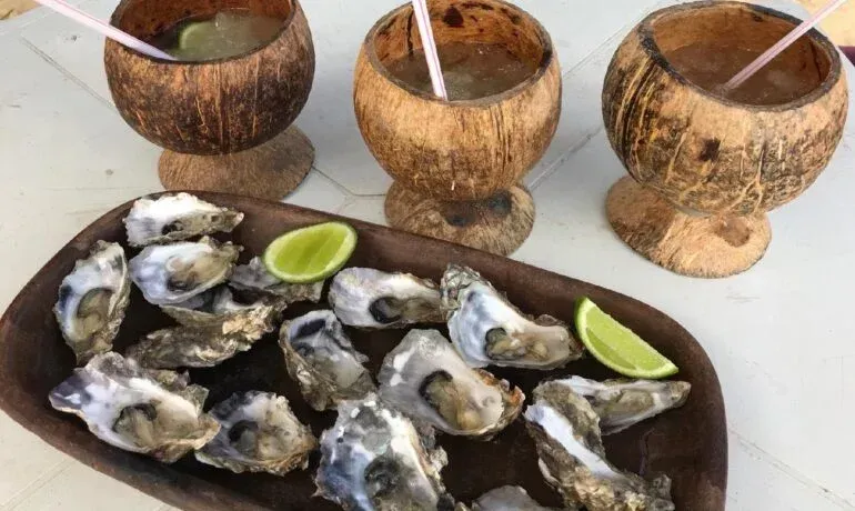 Um prato de ostras ao lado de três copos de coco com bebidas dentro.
