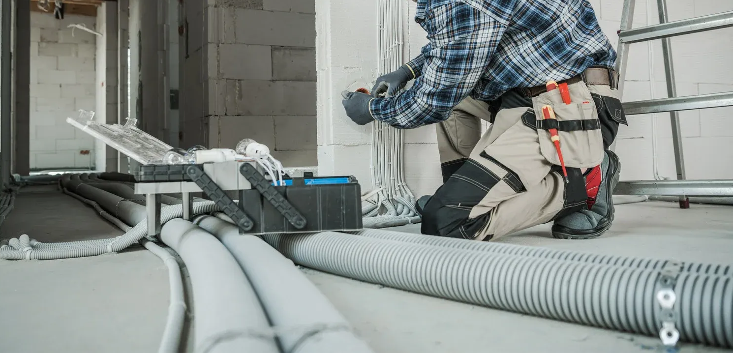 Electrician installing wires in a building. Wearing gloves, kneeling. Gray conduits.
