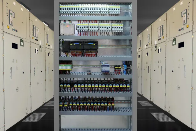 Control panel inside an industrial cabinet with electrical components and wiring.