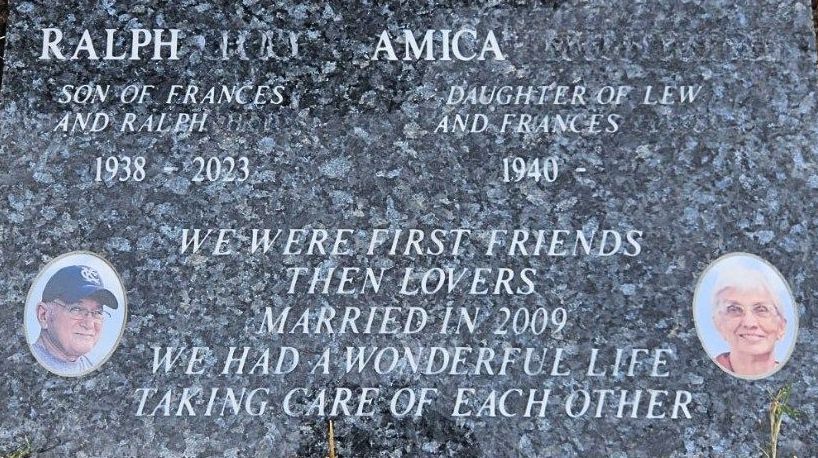 A gravestone with two pictures of a man and woman and the words we were first friends then lovers married in 2009