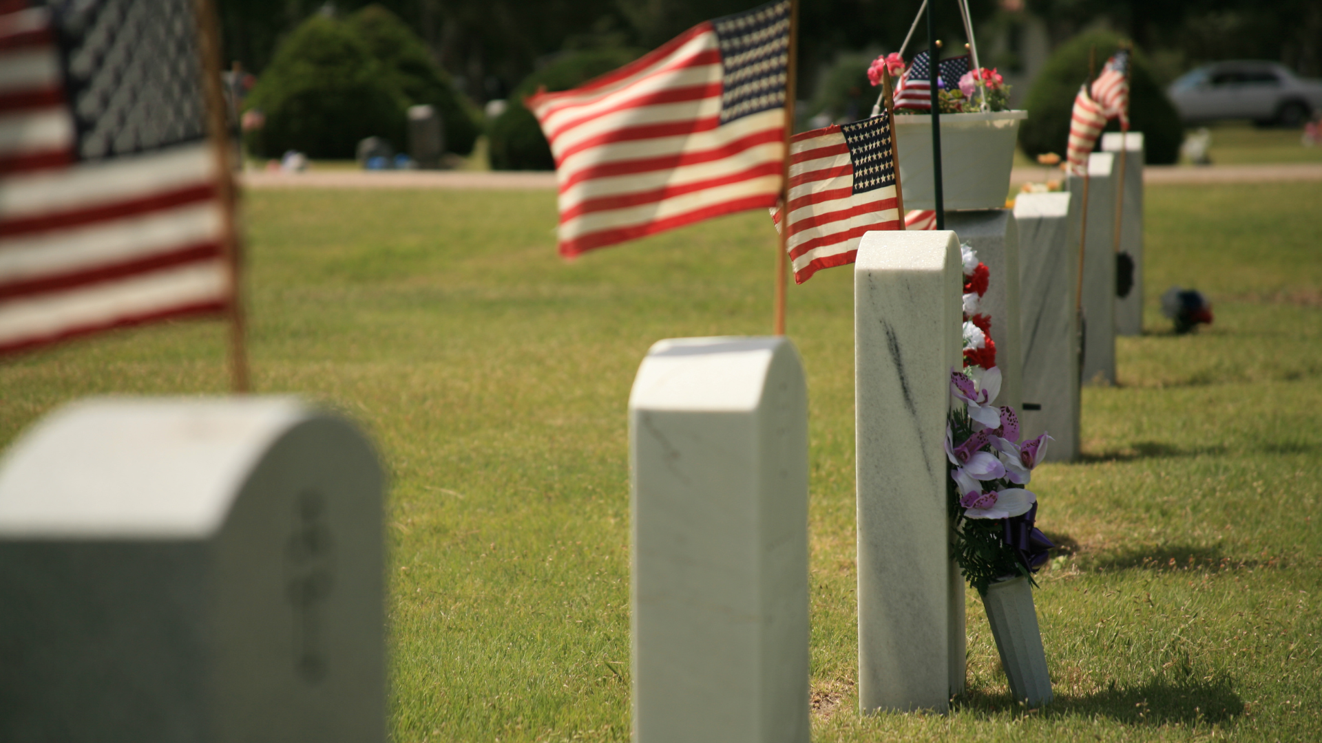 A row of graves with american flags in a cemetery.