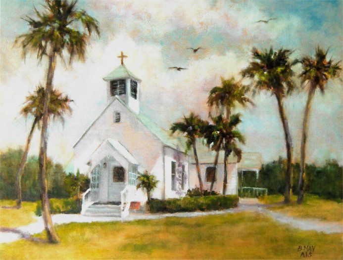 A painting of a white church surrounded by palm trees