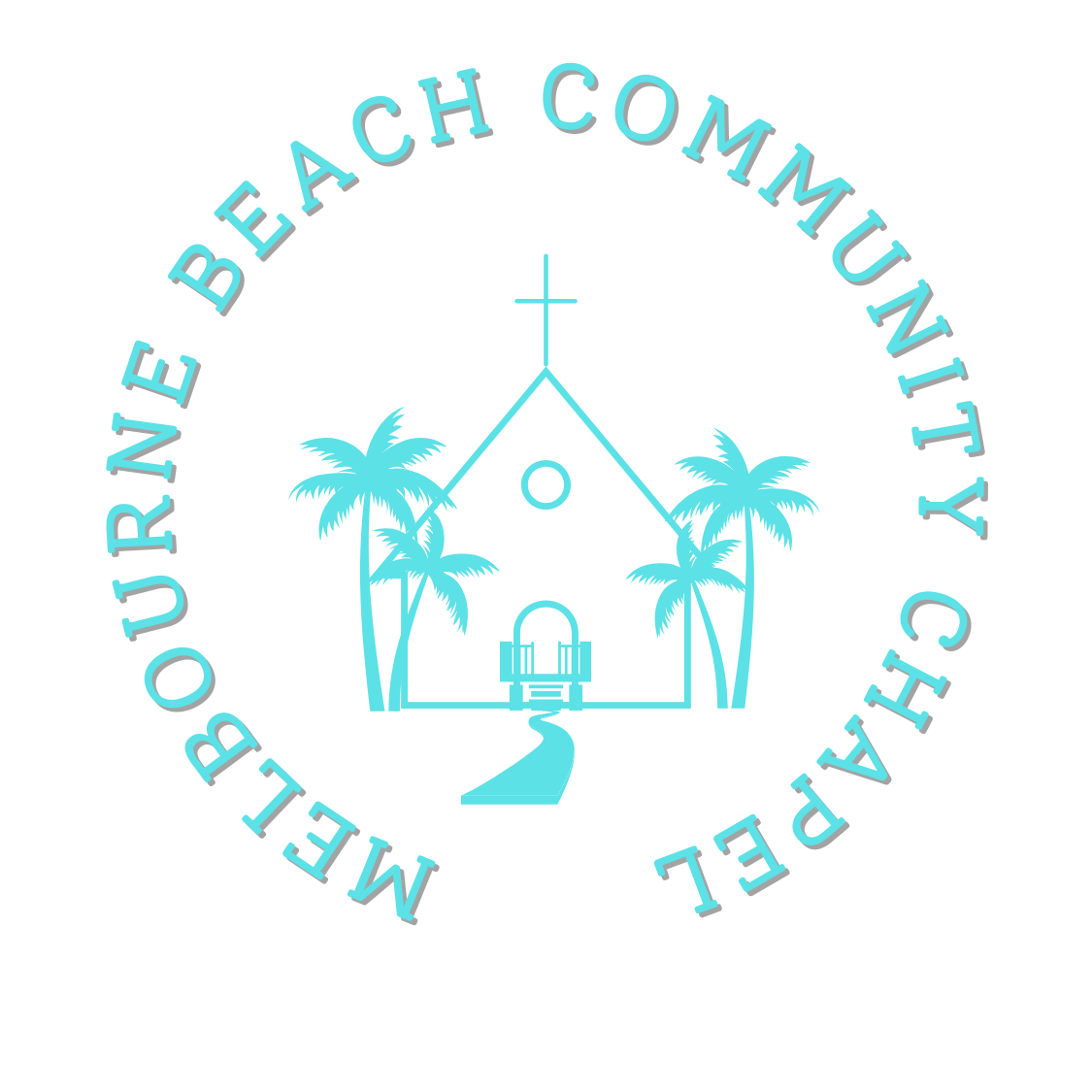 The logo for the melbourne beach community chapel shows a church with palm trees around it.