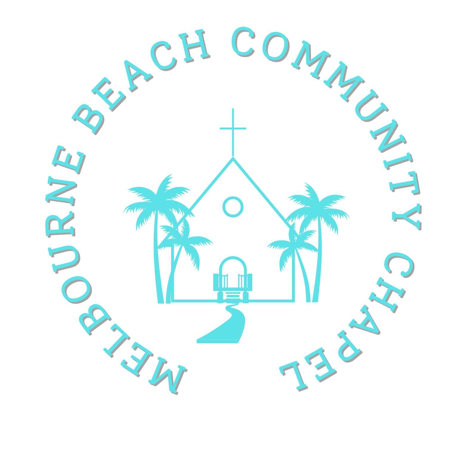 The logo for the melbourne beach community chapel shows a church with palm trees around it.