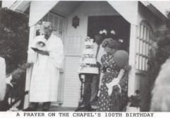 A black and white photo of a prayer on the chapel 's 100th birthday