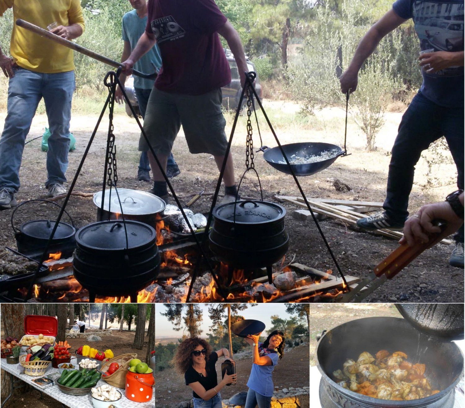 קבוצת אנשים מבשלת אוכל בסירים על אש