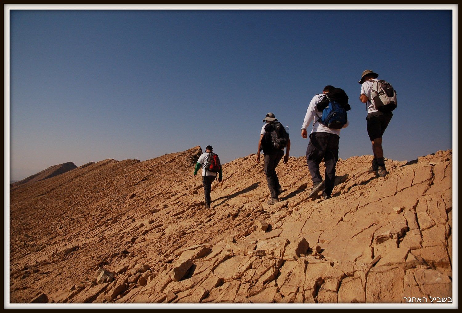 קבוצת אנשים צועדת במעלה גבעה במדבר