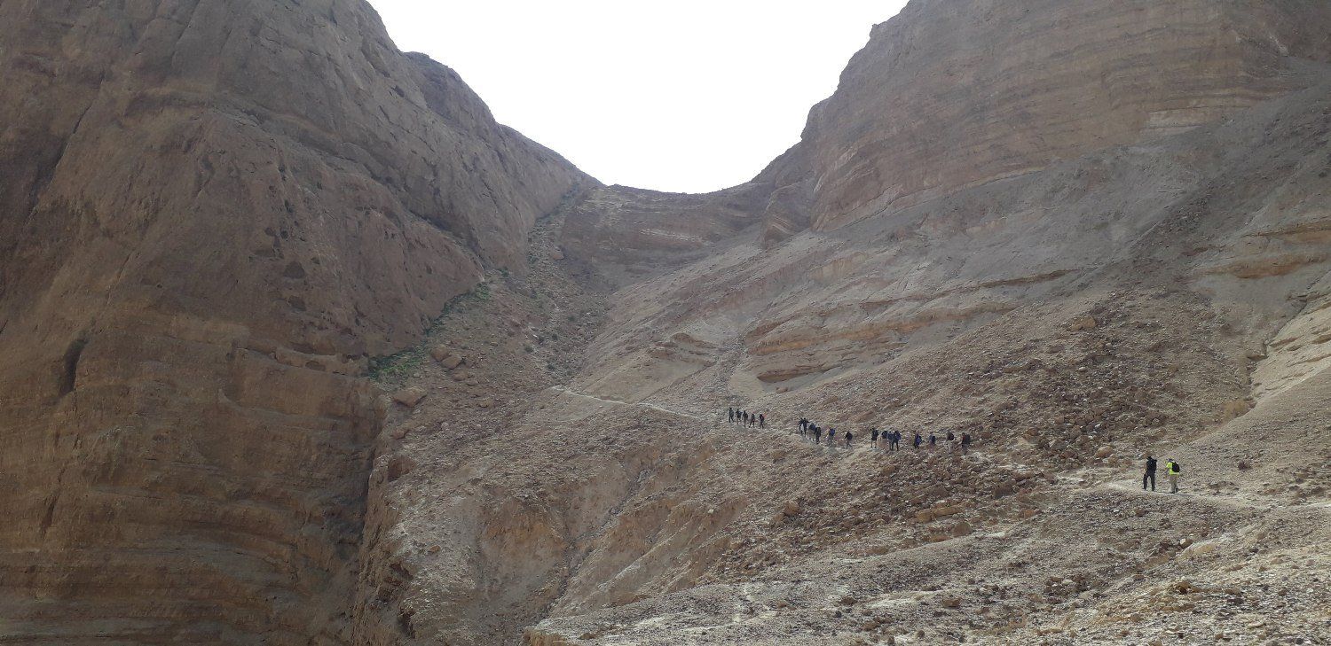 קבוצה של אנשים צועדת בשביל בהרים.