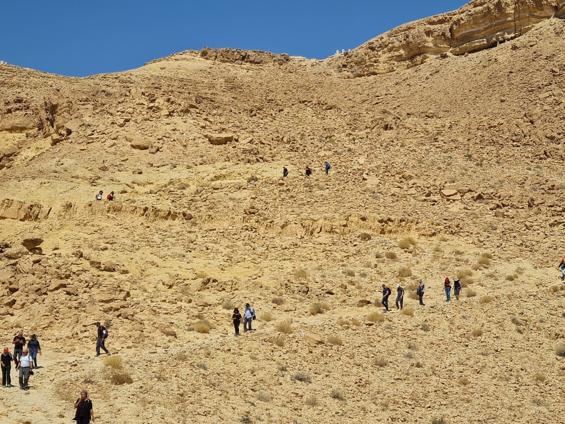 קבוצה של אנשים צועדת במעלה גבעה במדבר.