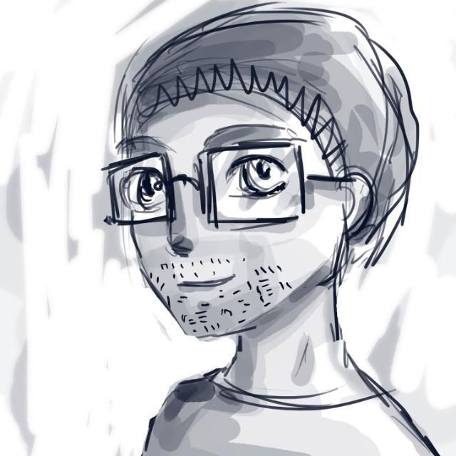 Homme portant des lunettes et un bonnet, souriant, croquis en niveaux de gris.