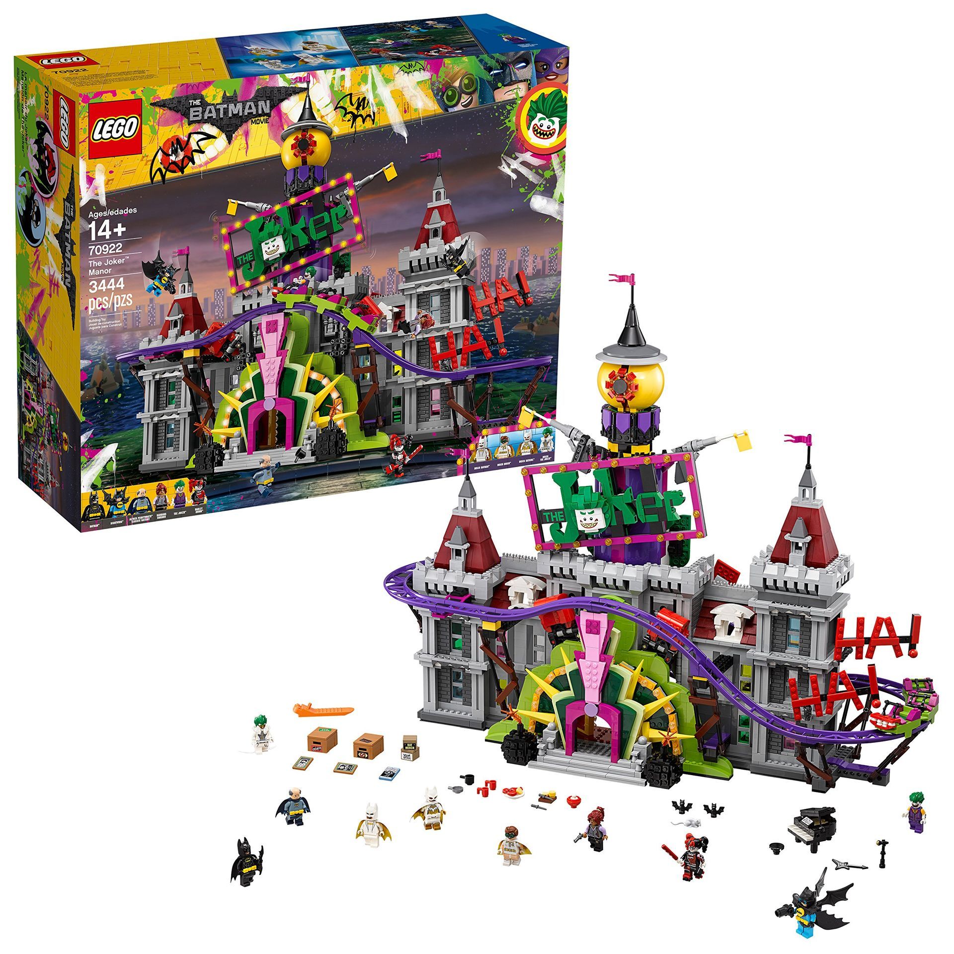 Ensemble LEGO Batman Le Manoir du Joker avec figurines et boîte, sur le thème d'un parc d'attractions.