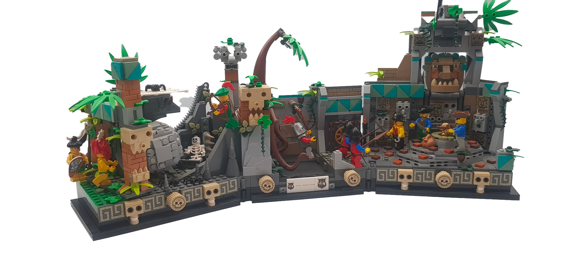 Ensemble LEGO représentant un temple dans la jungle avec des minifigurines, des crânes et de la végétation.