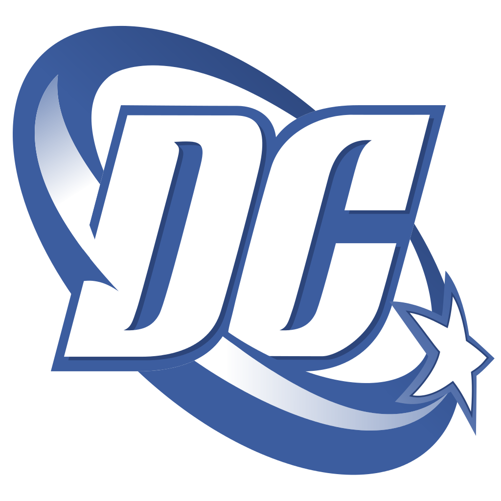 Logo de DC Comics : « DC » blanc avec une traînée de comète bleue.