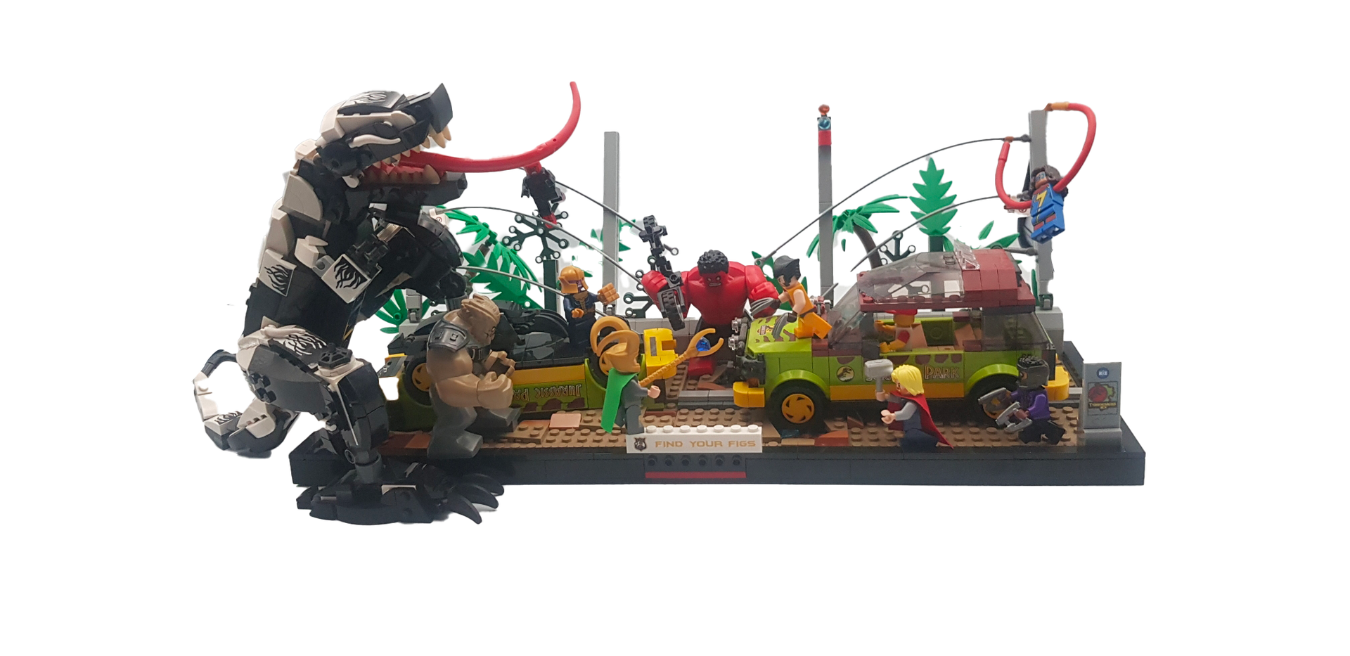 Une scène LEGO représentant Venom attaquant une jeep de Jurassic Park. On aperçoit des figurines et des dinosaures.