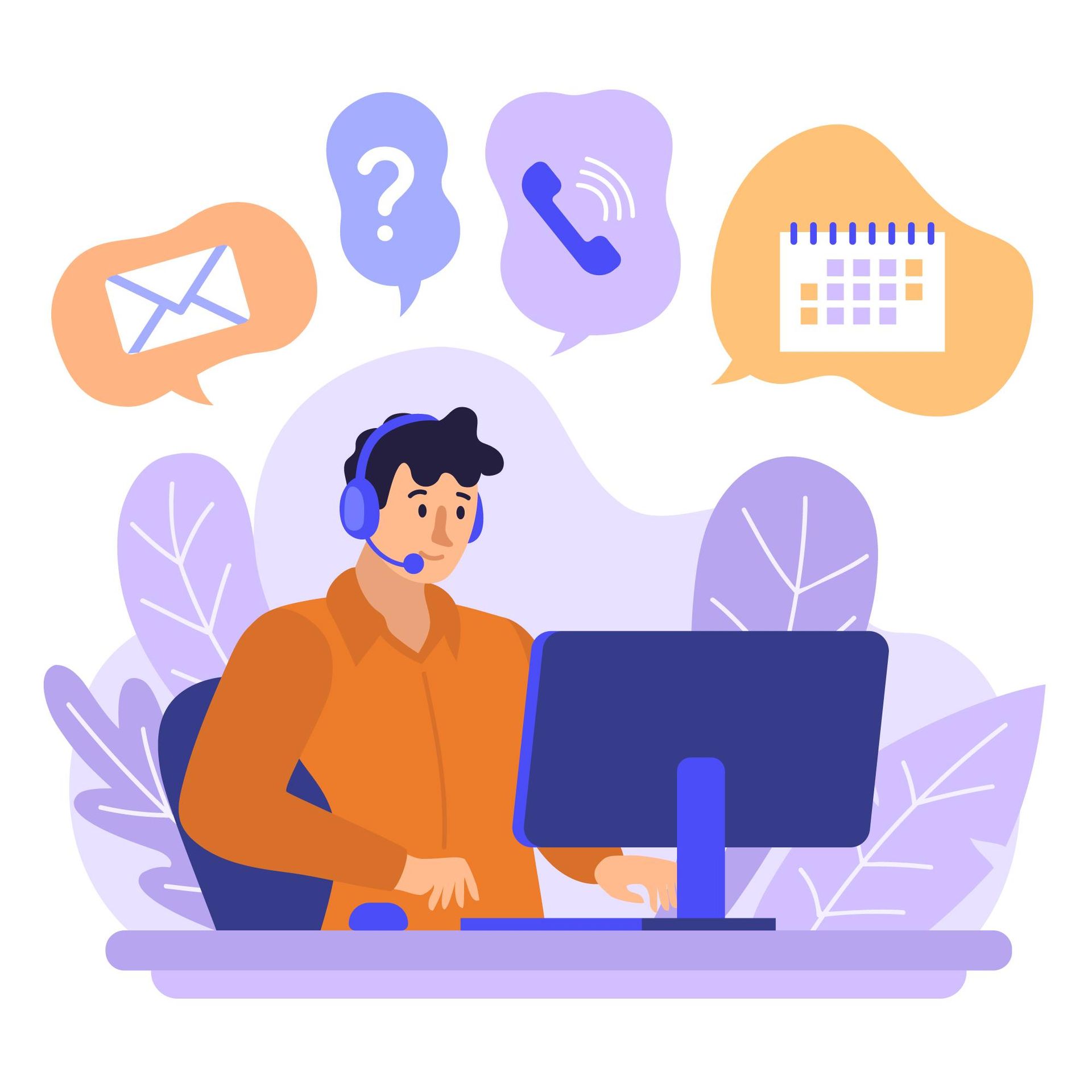 Un conseiller clientèle devant un ordinateur, portant un casque audio, avec des bulles de dialogue représentant les options de communication.