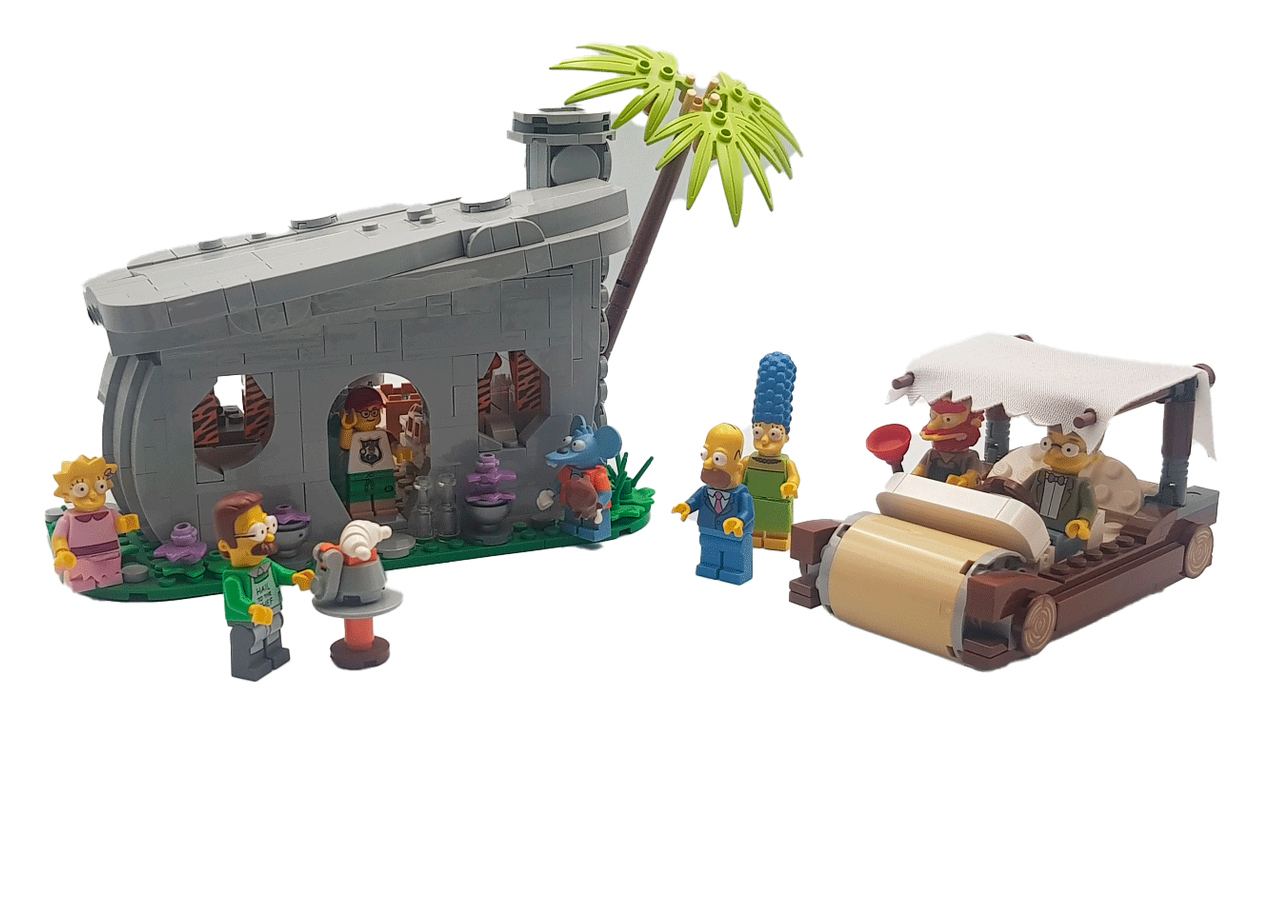 Ensemble LEGO représentant les personnages des Simpson et des Pierrafeu devant une maison en pierre et une voiture.