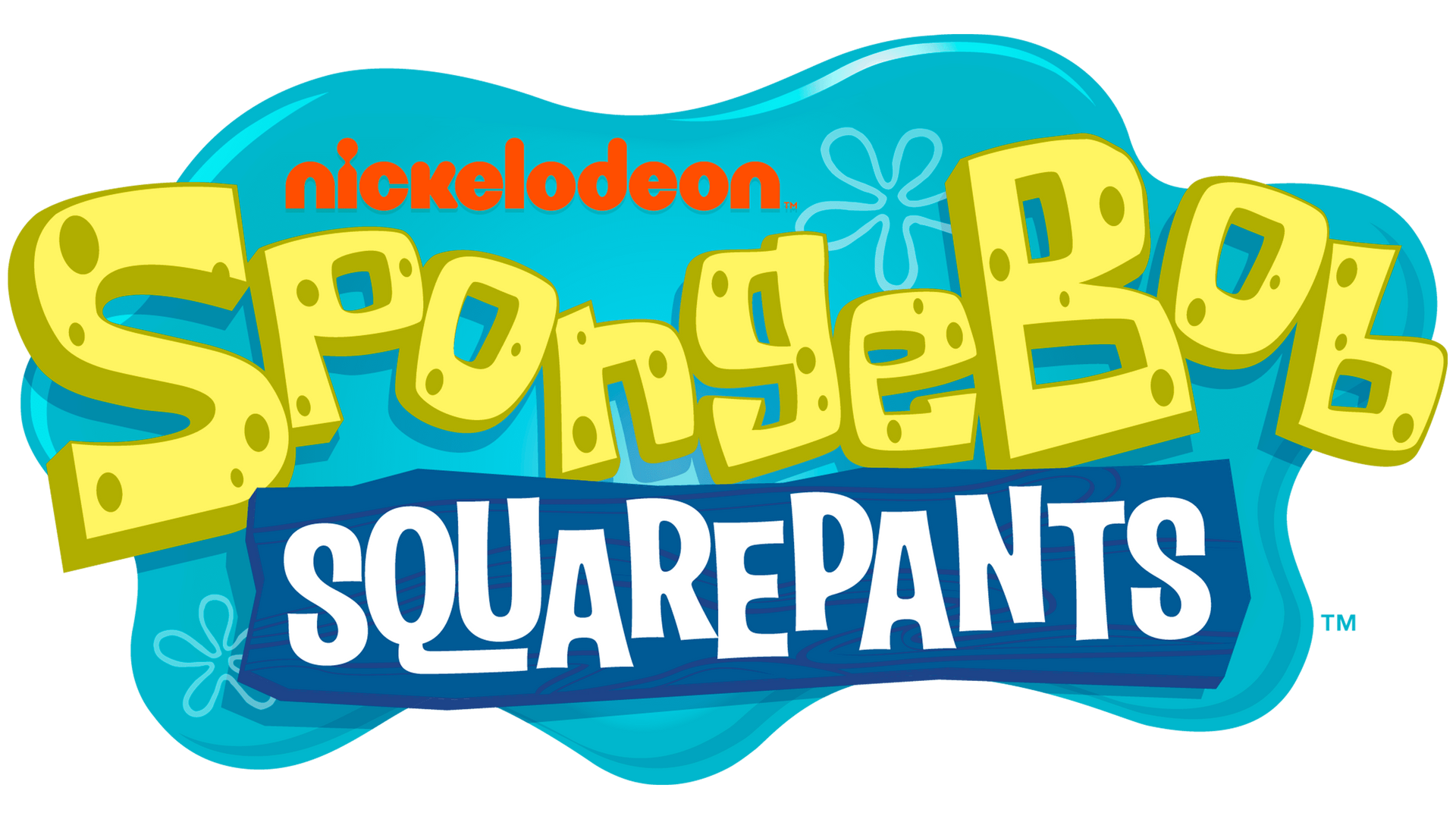 Logo de Bob l'éponge avec texte jaune sur fond bleu et logo de Nickelodeon.