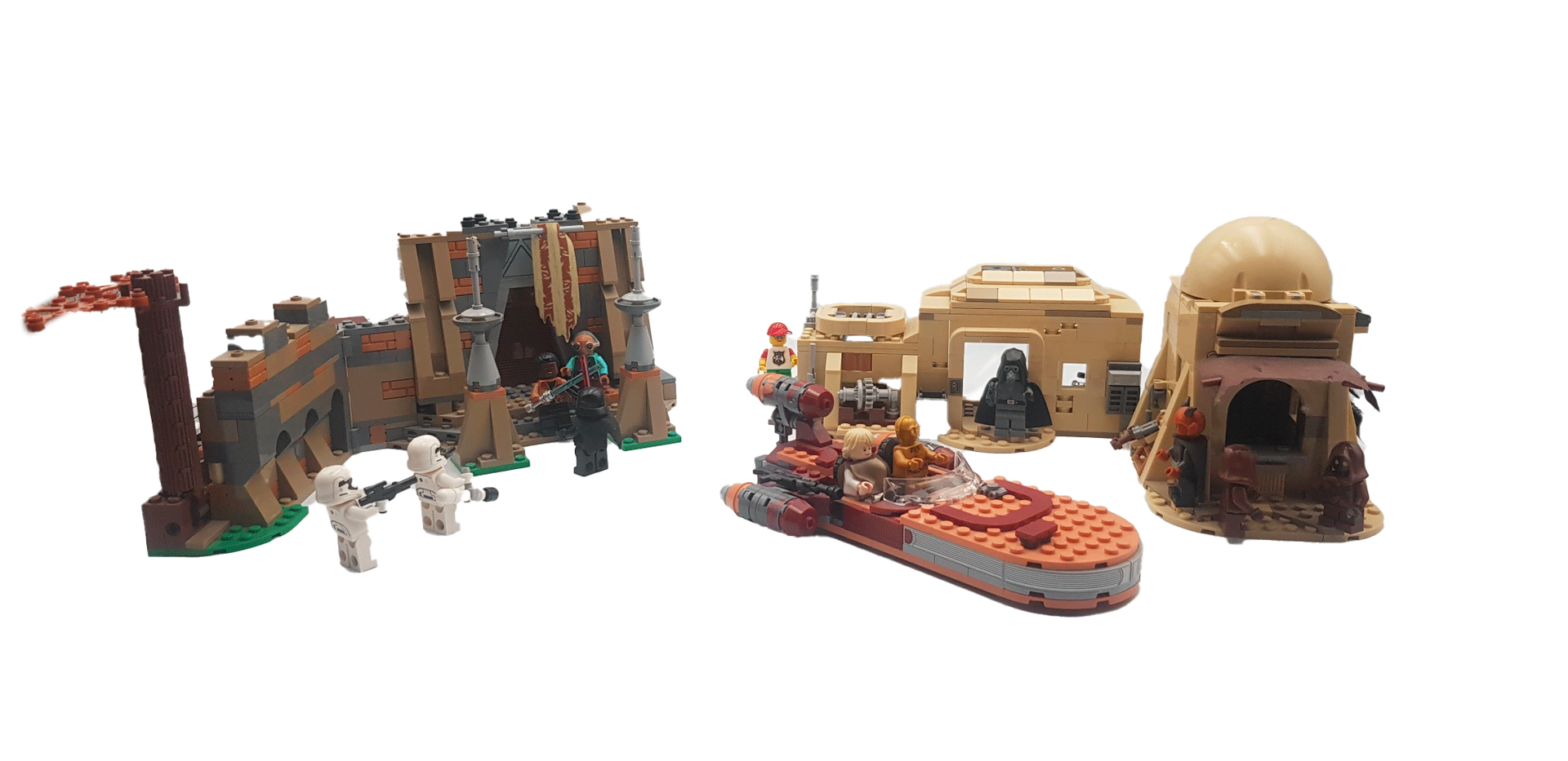 Ensemble de jeu LEGO Star Wars comprenant divers bâtiments de Tatooine, un landspeeder et des minifigurines.