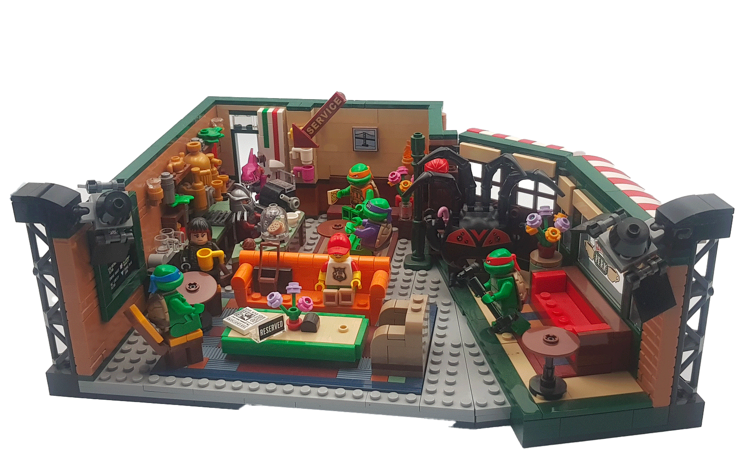 Ensemble LEGO représentant le repaire des Tortues Ninja. Contient des figurines, du mobilier et divers accessoires.