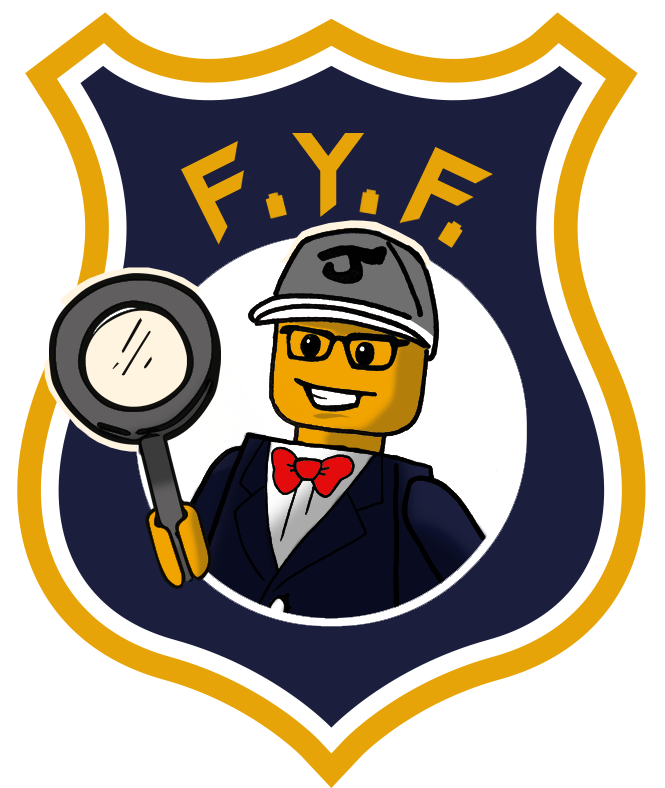 Un détective Lego tenant une loupe à l'intérieur d'un logo en forme de bouclier bleu marine et or avec l'inscription « FYF » au-dessus.