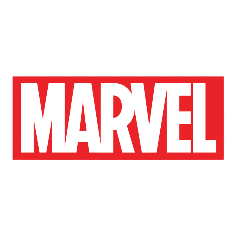 Logo Marvel : Texte blanc « MARVEL » à l’intérieur d’un rectangle rouge.