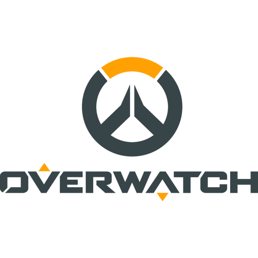 Logo d'Overwatch : Cercle gris foncé avec une partie supérieure orange et une forme de « W » stylisée, texte « Overwatch » en dessous.
