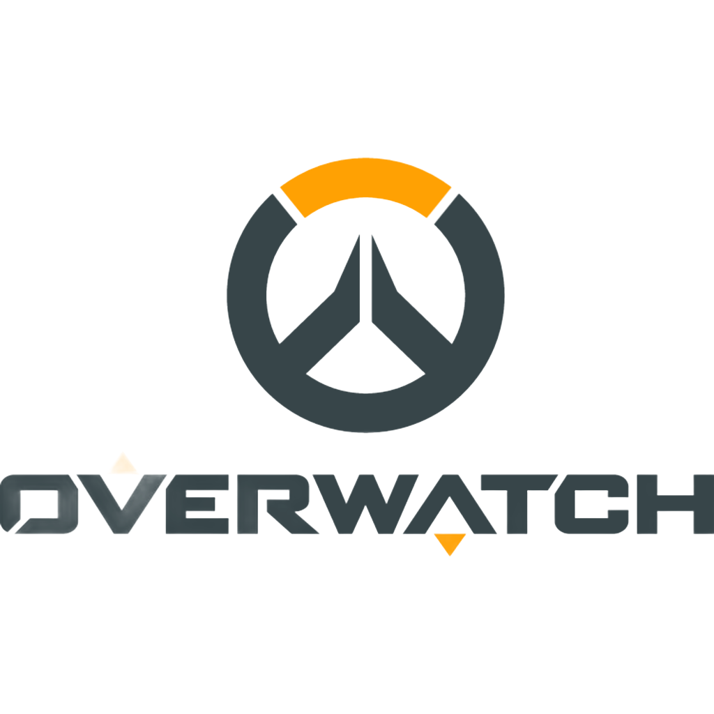 Logo d'Overwatch : emblème circulaire avec des accents gris et orange, et le mot « OVERWATCH » en caractères gris.