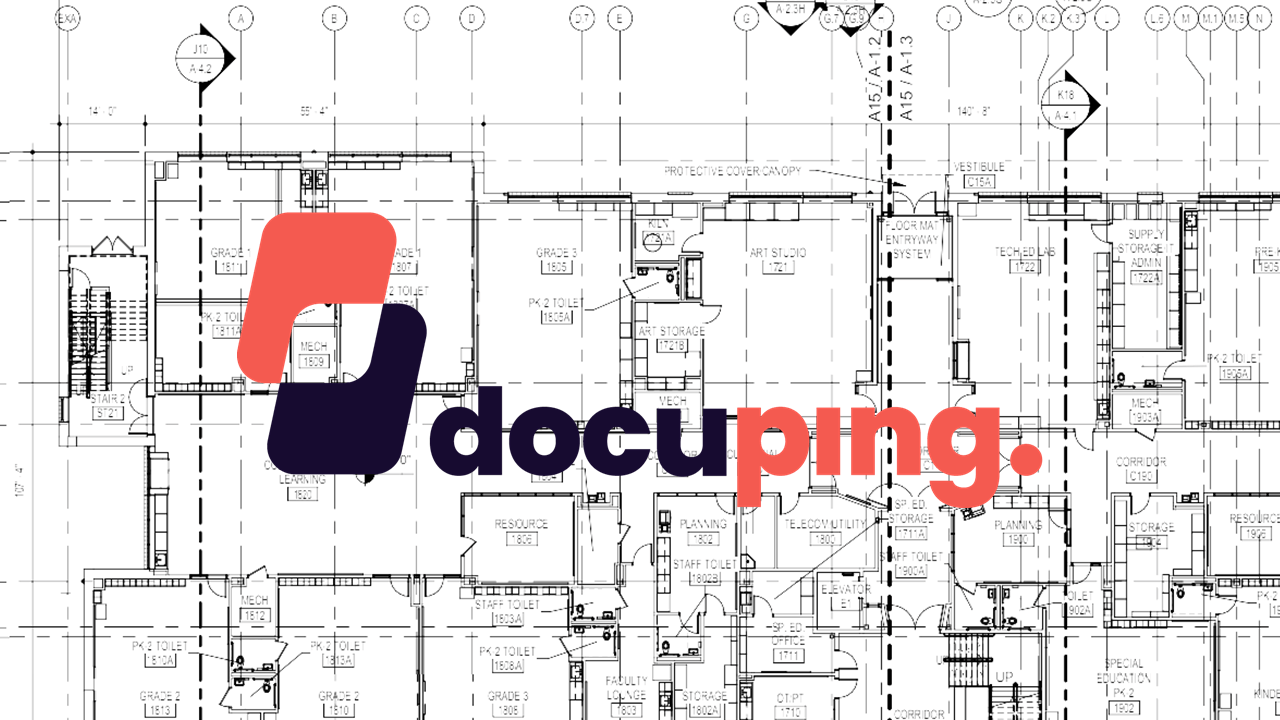 DocuPing logo over a black and white blueprint