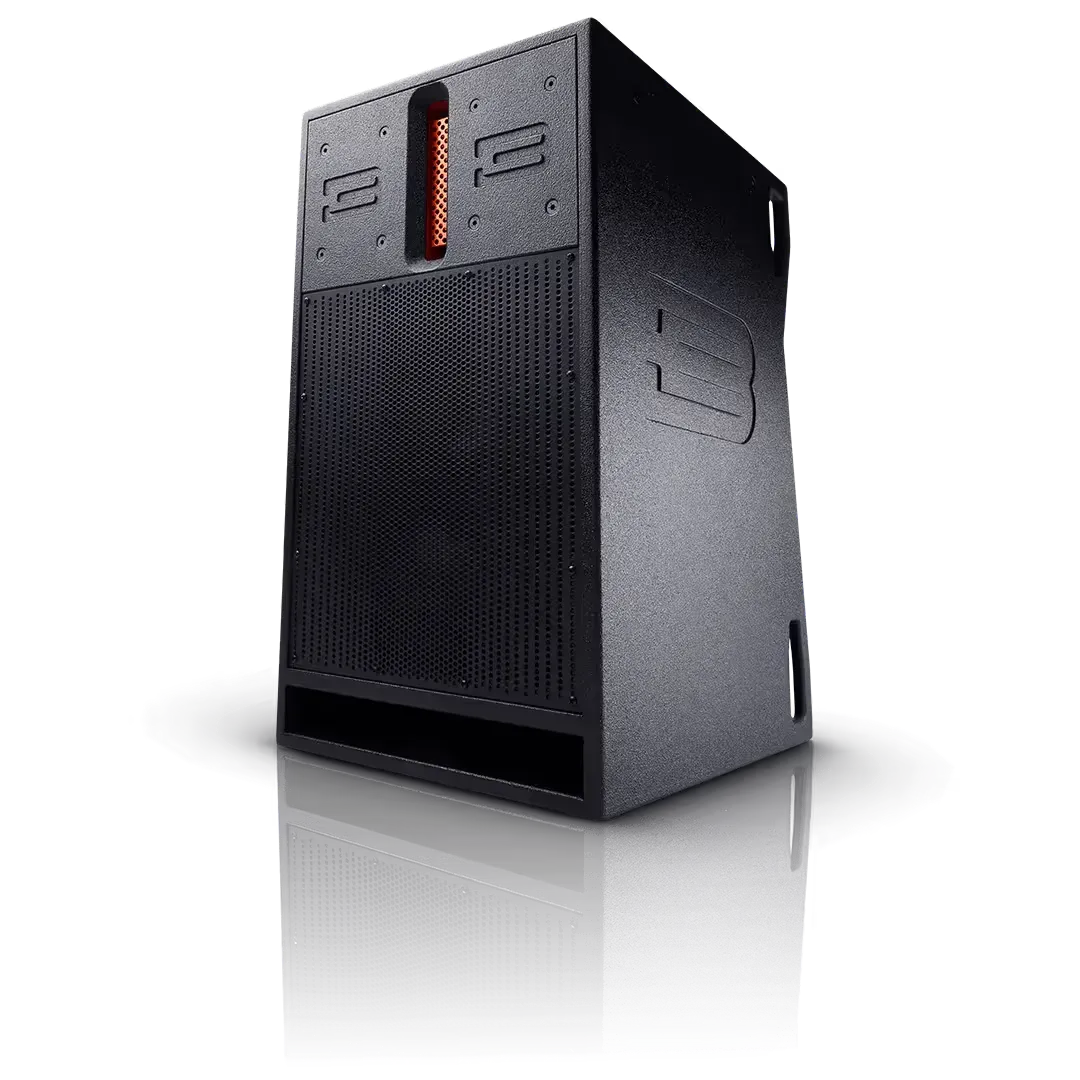 Black speaker cabinet with a perforated front panel and a recessed slot.