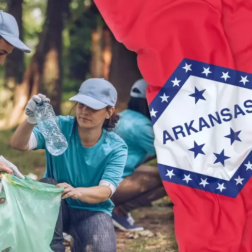 People in blue shirts and hats picking up trash; Arkansas flag in the corner.