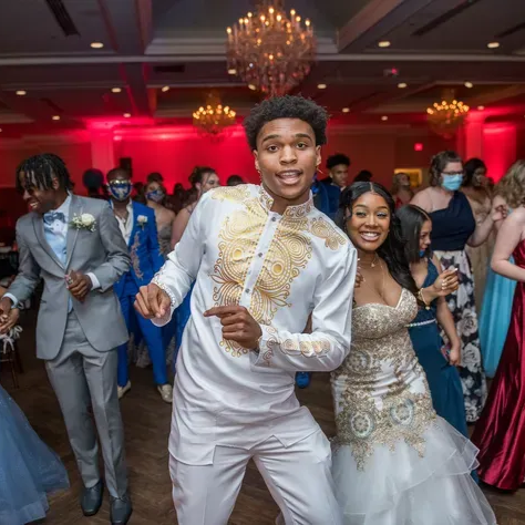 People dancing at a formal event, red lighting. Man in white with gold detail dances, woman smiles beside him.