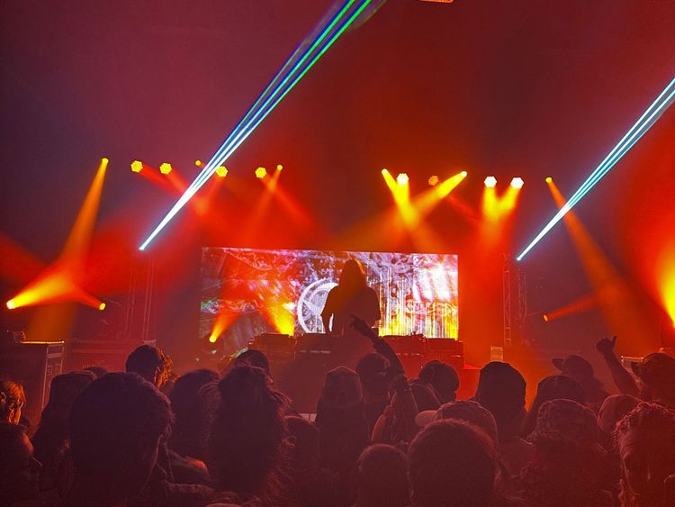 A crowd of people are watching a dj perform on stage