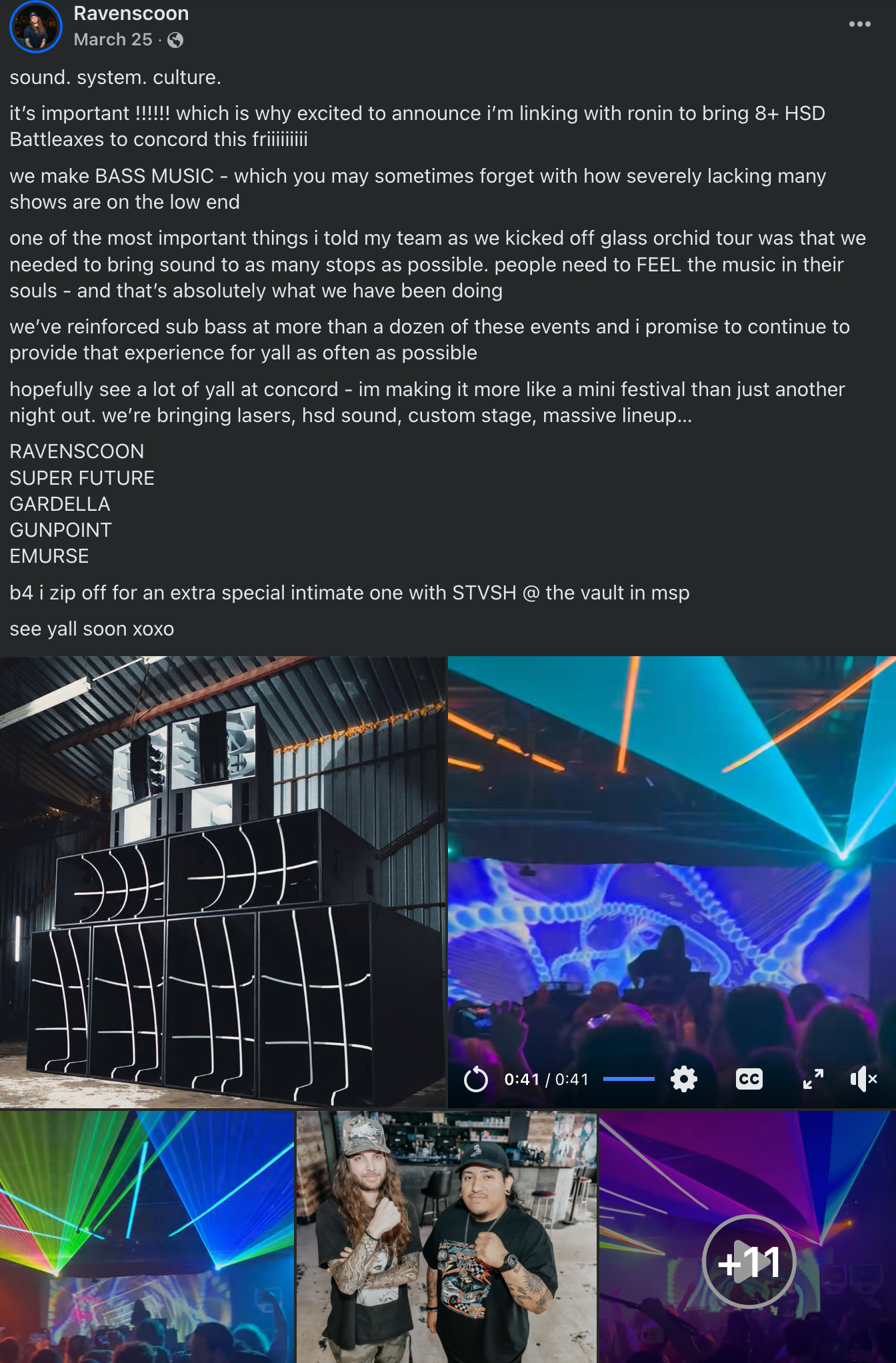 A Facebook post by Ravenscoon explaining the importance of bass reinforcement at local EDM shows