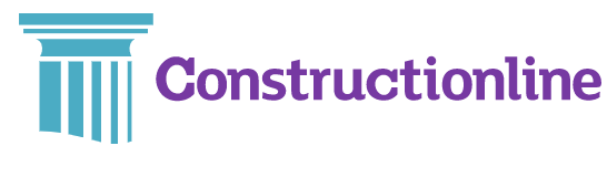 Constructionline logo with a teal pillar icon and purple text.