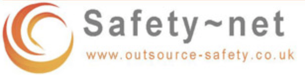 Logo for Safety-net with a stylized orange and yellow swirl graphic. Website address: www.outsource-safety.co.uk.