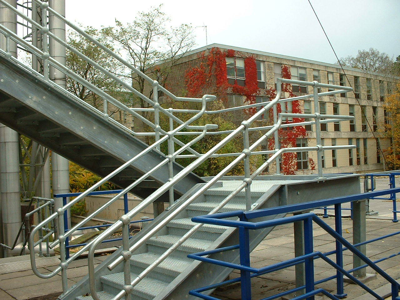 Metal staircase with handrails outside of a building covered in red ivy.
