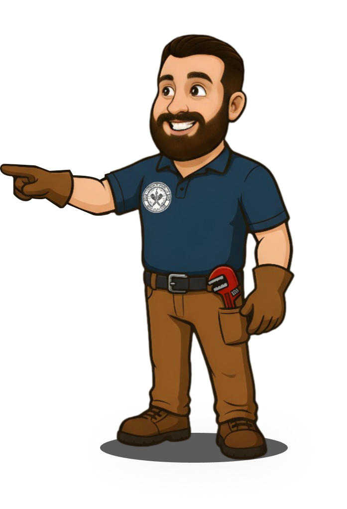 Cartoon plumber holding wrenches with a water heater in the background.