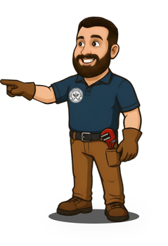 Cartoon plumber holding wrenches with a water heater in the background.