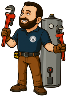 Cartoon plumber holding wrenches with a water heater in the background.