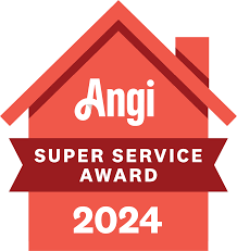 Angi Super Service Award 2024 badge, featuring a red house shape with