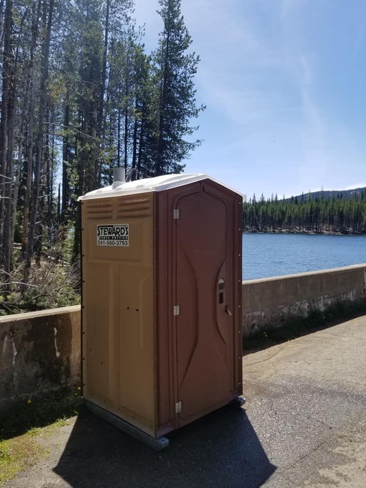 Portable toilet near a lake and trees on a sunny day.