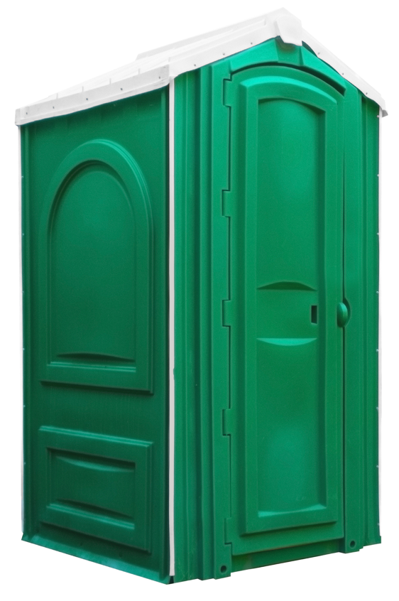Green portable toilet with white roof.